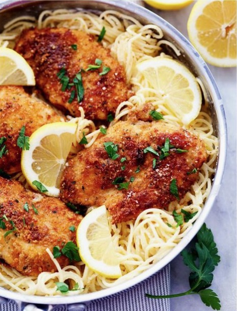 Crispy Parmesan Chicken With Creamy Lemon Garlic Pasta